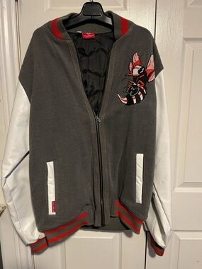 Grey and White Varsity Jacket with Red Accents